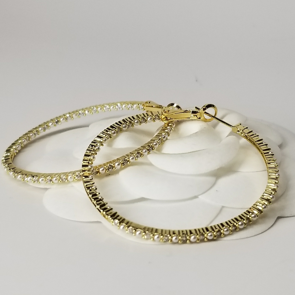 NEW Gold Pave CZ Diamond Pearl Hoop Earrings - Picture 5 of 8